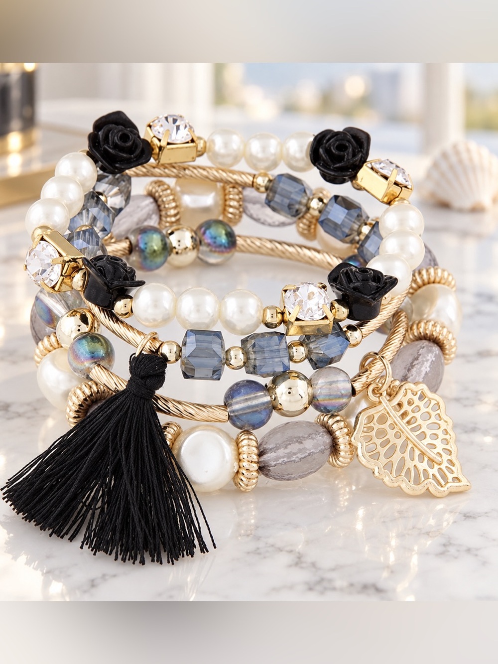 Black White Gold Boho Layered Bracelet Set Faux Pearl Rose Tassel Crystal NEW